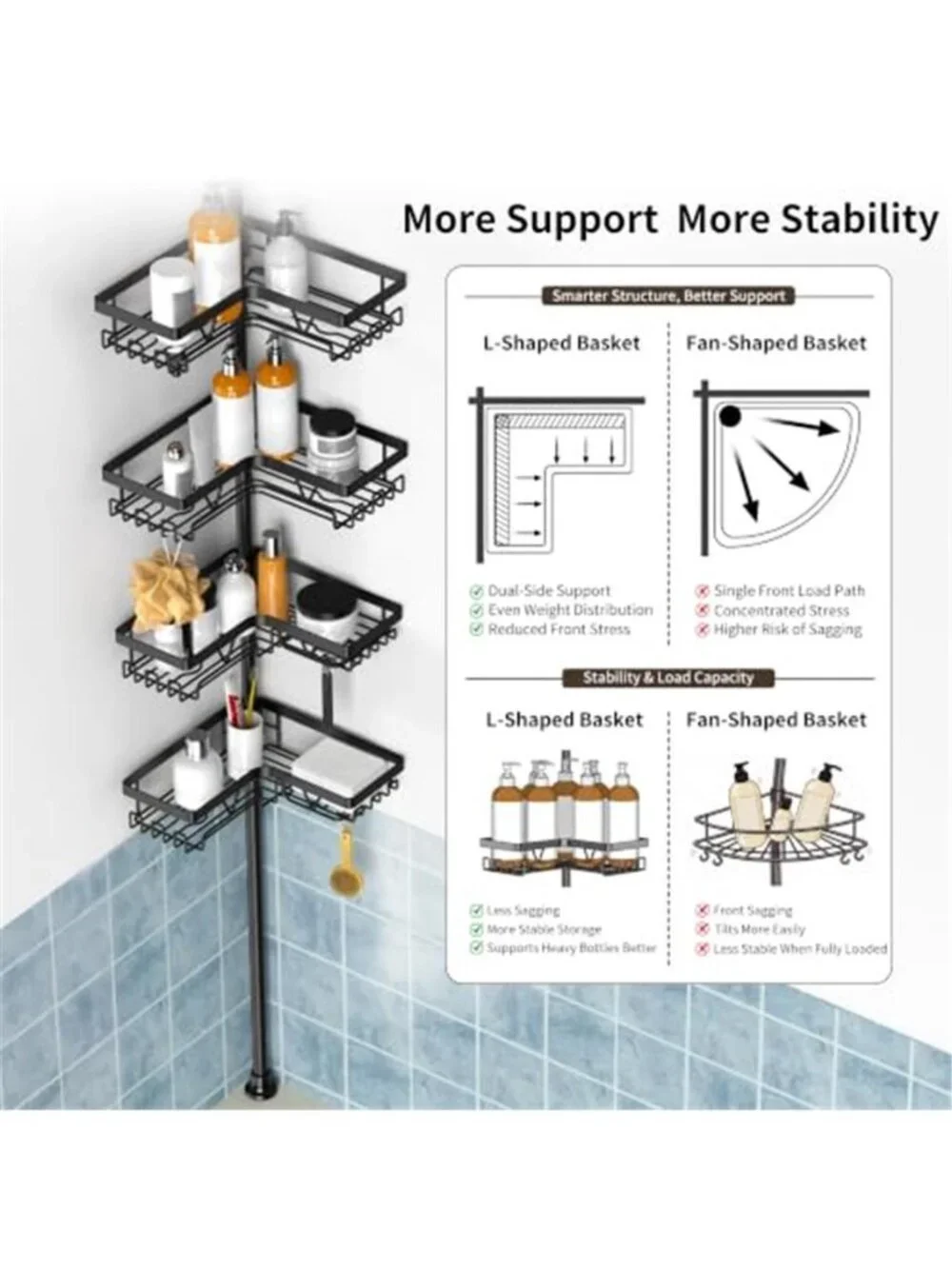 Corner Shower Caddy Tension Pole, Large Capacity Bathroom Organizer